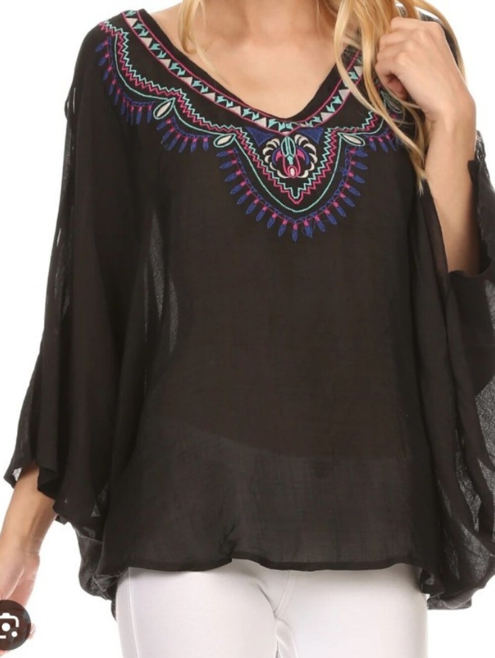 Boho Black Top Batwing Cold Shoulder with  Embroidery